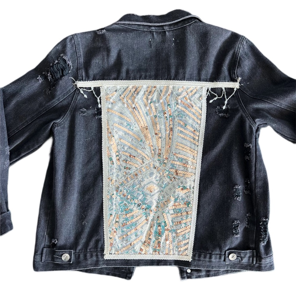 Custom Sequin Jean Jacket, Black With Fringe - image 1
